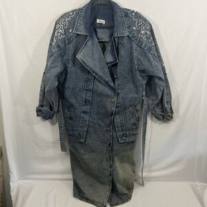 Starlight 1980’s? Denim Trench Coat Rodeo Queen Jacket L/XL Embroidered/bedazzle